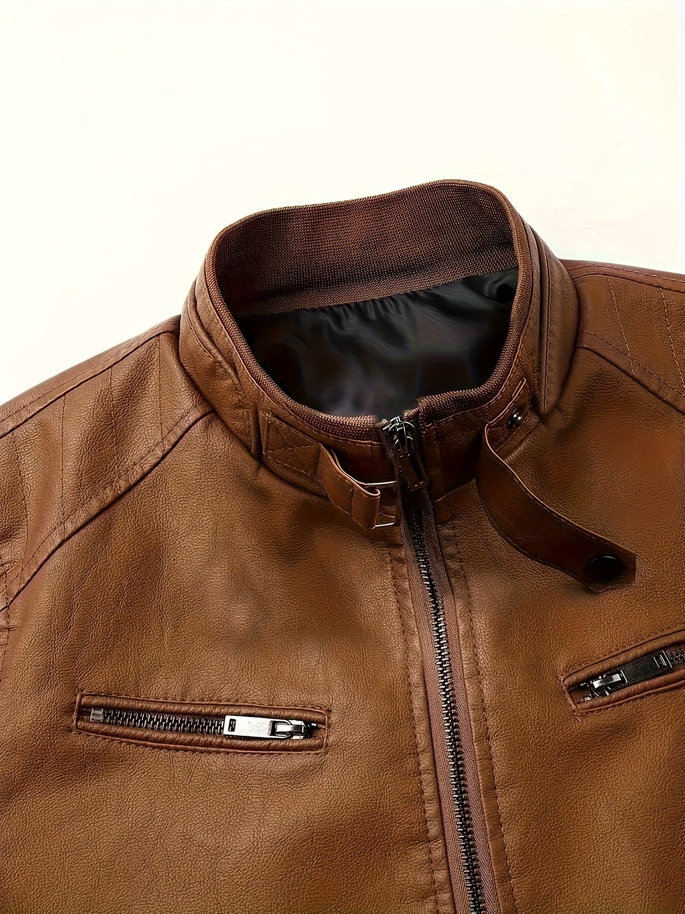 Men's PU Leather Jacket With Multi Zipper Pockets, Casual Stand Collar Zip Up Long Sleeve Jacket For Outdoor