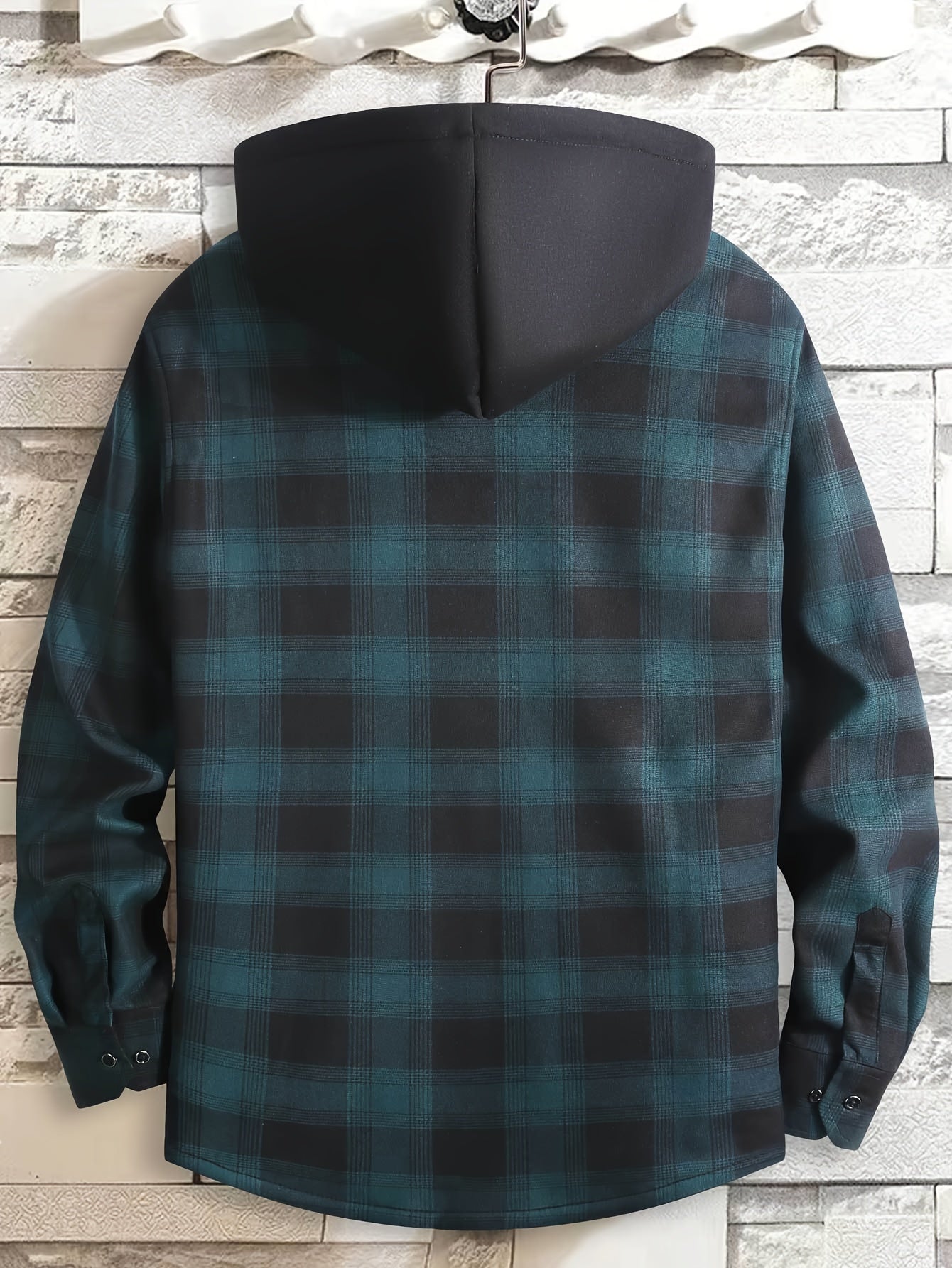 Men's Plaid Hooded Long Sleeve Shirt with Pockets, 100% Polyester Woven Fabric, Adult Basic Winter Warm-Up Top with Hood, No Bra, Elastic Fit, Regular Fit