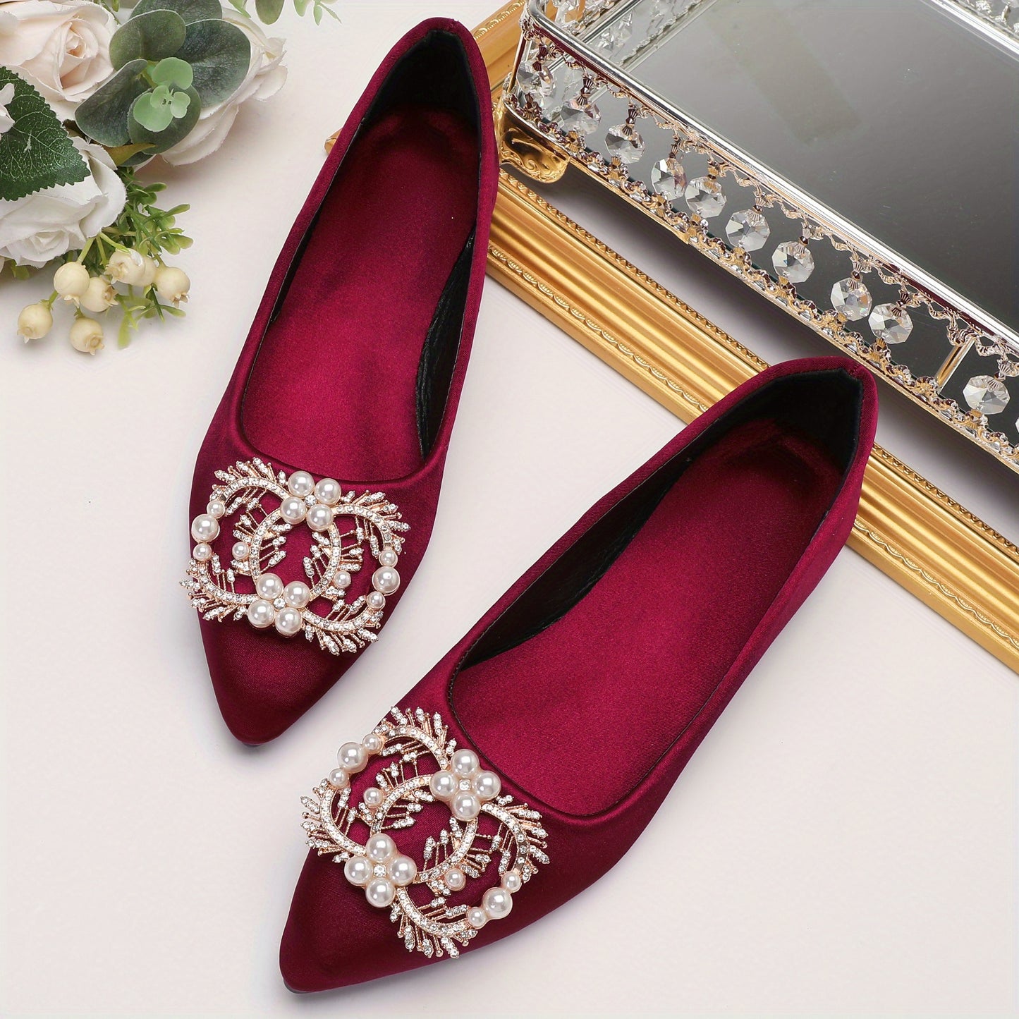 Women's Faux Pearl & Rhinestone Decor Flat Shoes, Casual Solid Color Pointed Toe Slip On Shoes, Trendy & Stylish Dress Shoes