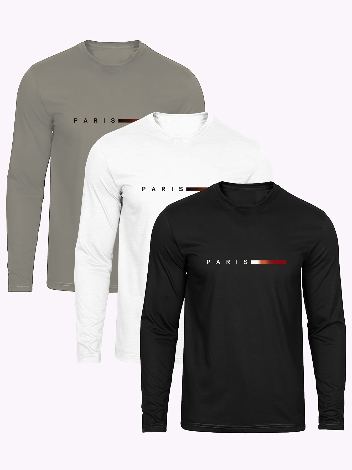 3pcs Men's Cotton T-Shirts - Casual & Stylish Long Sleeve Tees with Letter Print, Perfect for Spring/Fall Outings