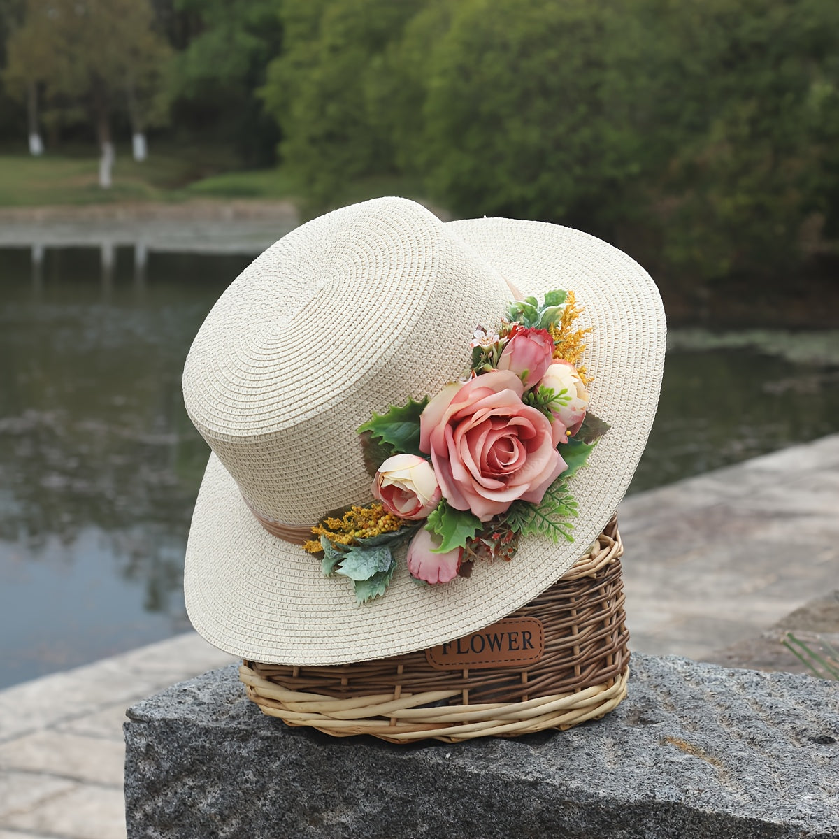 Handmade Flower Straw Hat Solid Color Elegant Beach Sunscreen Hat Small Top Hats Easter For Women