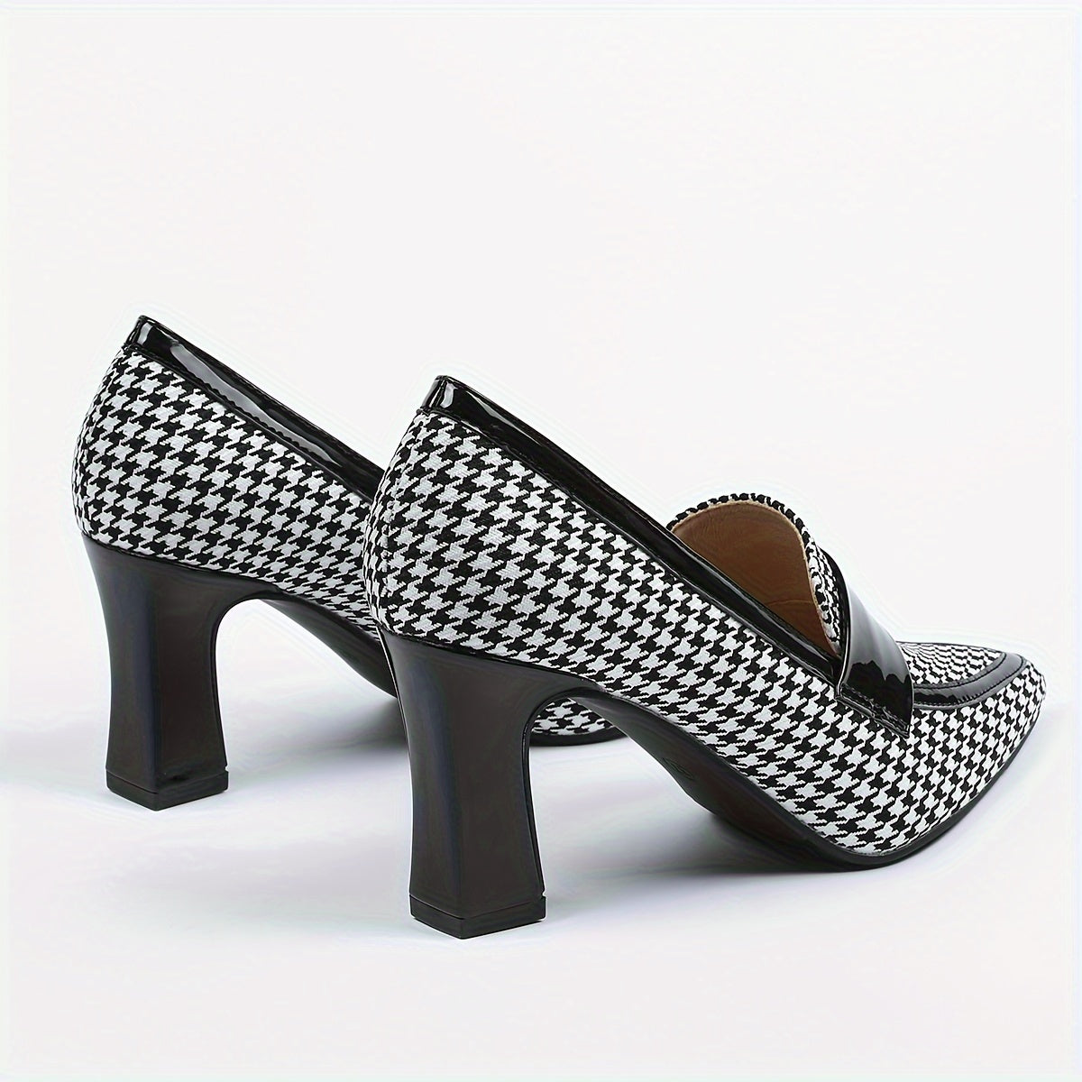 Women's Houndstooth Pattern Pumps, Fashion Pointed Toe Block Heels, All-Match Going Out Shoes