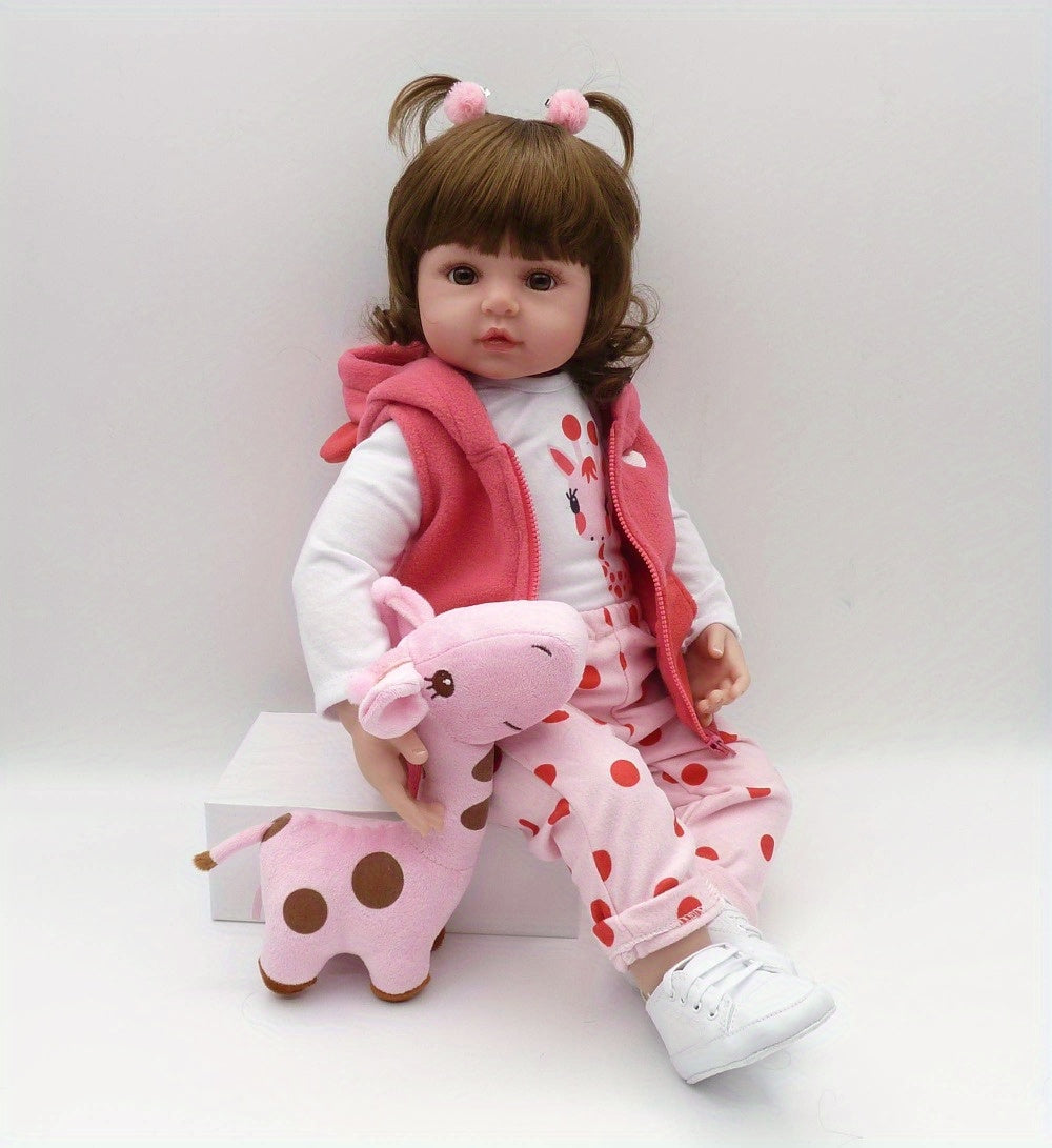 19 Inch/ 48 Cm Soft Vinyl Reborn Doll, Lovely Baby Girl With Hairwig In Pink Clothes And A Plush Giraffe Toy, Halloween/Thanksgiving Day/Christmas gift Carnival