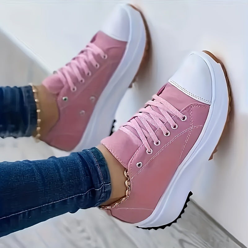 Women's Solid Color Casual Sneakers, Lace Up Platform Soft Sole Waking Comfort Shoes, Low-top Wedge Canvas Trainers