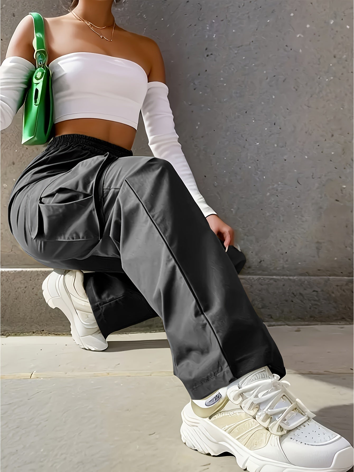 Solid Color Cargo Pants 2 Packs, Casual Elastic Waist Wide Leg Flap Pockets Pants, Women's Clothing