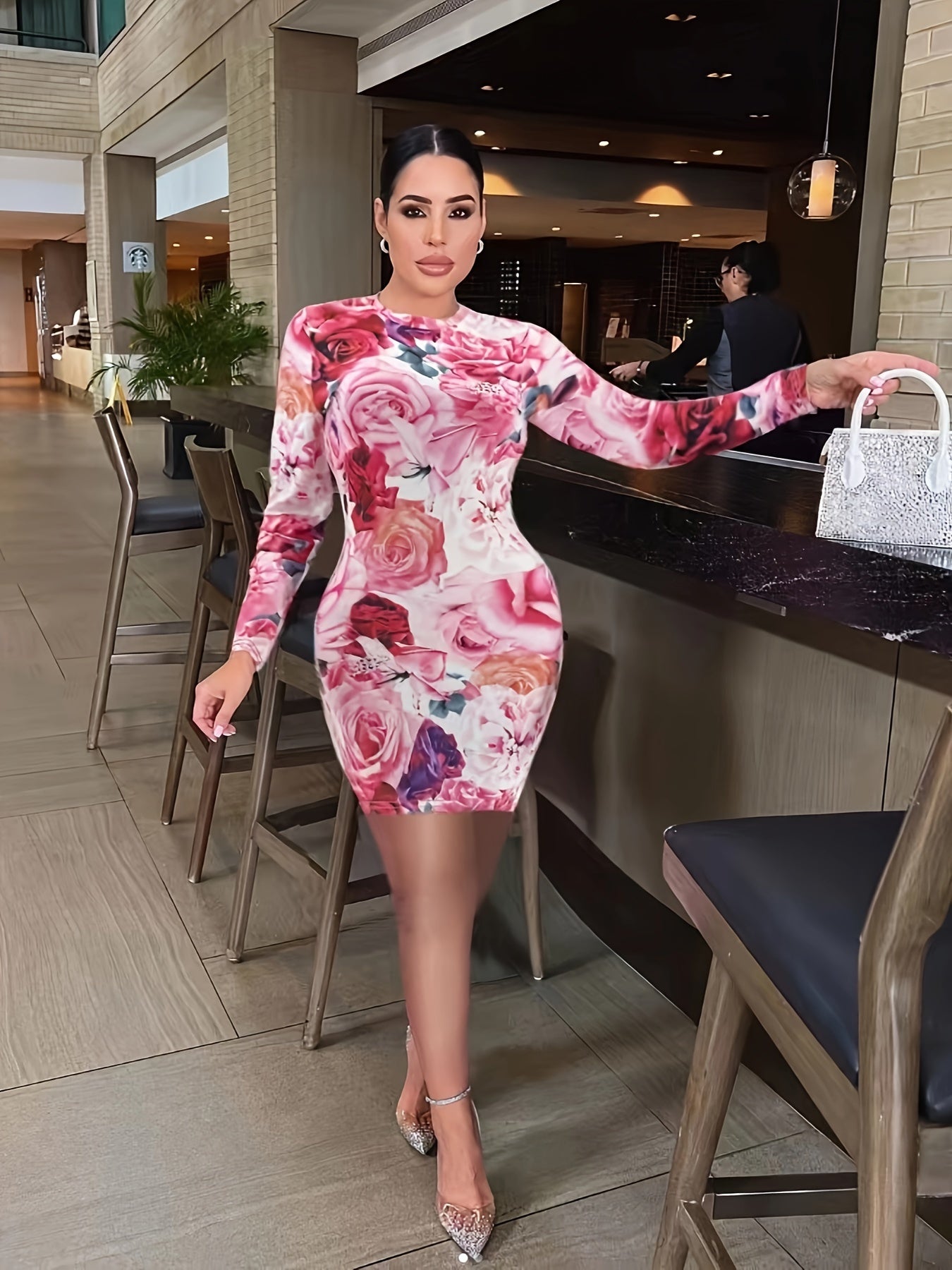 Floral Print Crew Neck Dress, Elegant Long Sleeve Bodycon Dress For Spring & Fall, Women's Clothing