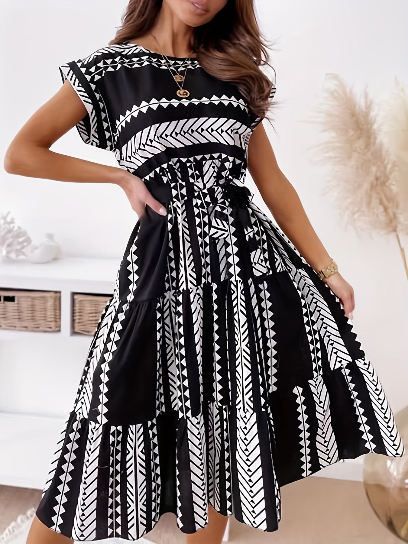 Ethnic Print Cap Sleeve Dress, Vacation Crew Neck Midi Dress, Women's Clothing