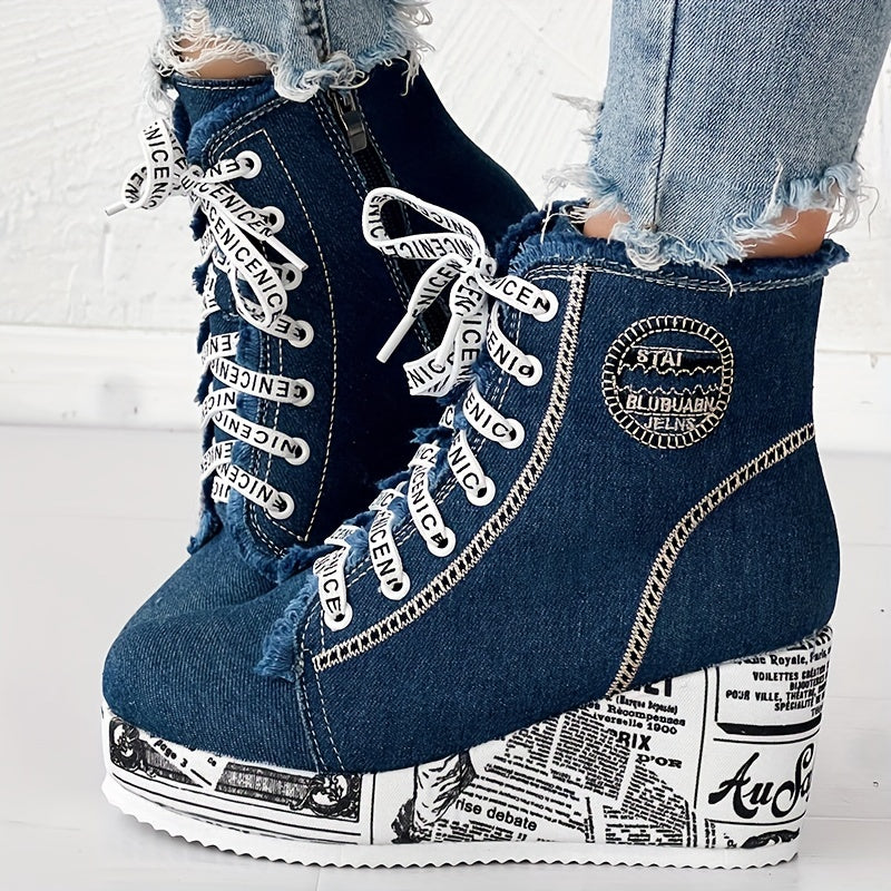 Women's Solid Color Denim Boots, Lace Up Trendy Platform Comfy Shoes, Versatile Round Toe Wedge Shoes