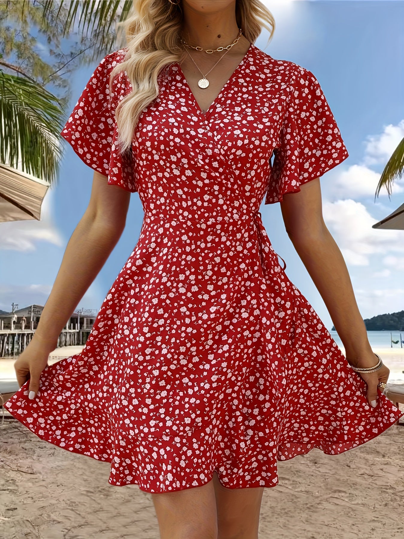 Floral Print V-neck Dress, Elegant Short Sleeve Cinched Waist Ruffle Hem Dress For Spring & Summer, Women's Clothing