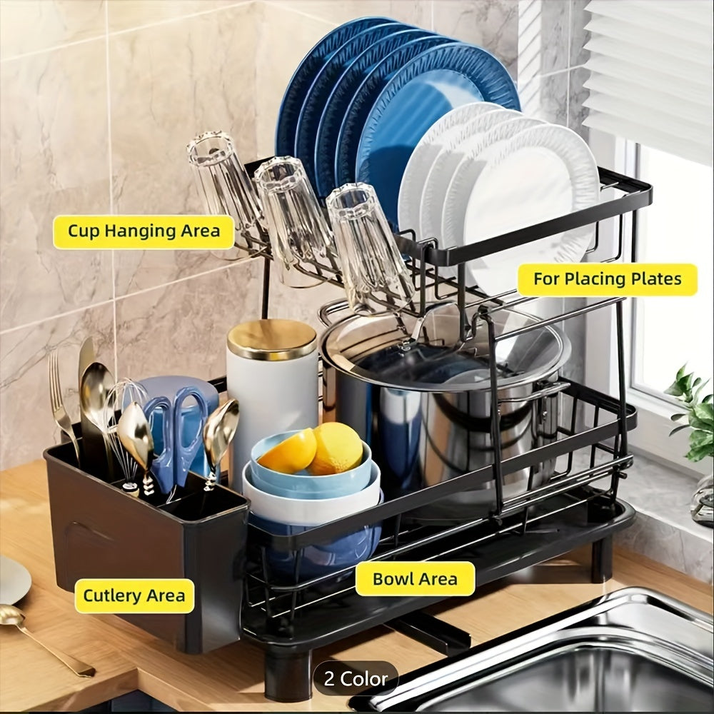 2-layer bowl and dish drying rack suitable for kitchen counter metal bowl and dish drain with knife cup tableware rack