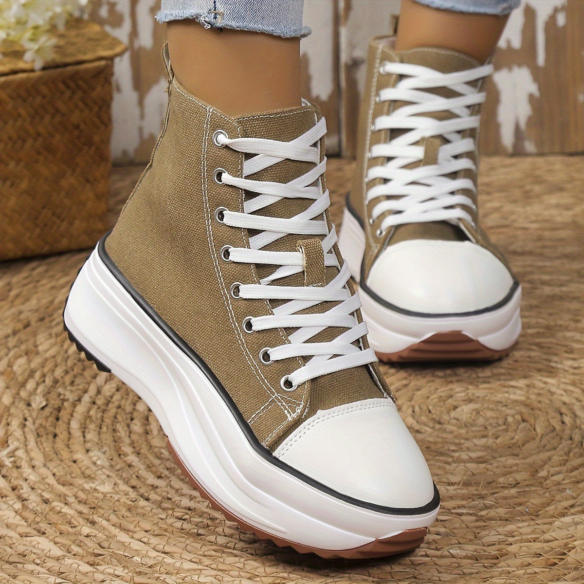 Women's Solid Color Casual Sneakers, Lace Up Soft Sole Platform Skate Shoes, Versatile High-top Canvas Shoes