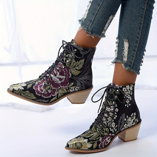 Women's Floral Embroidered Chunky Heel Boots, Fashion Point Toe Lace Up Boots, Comfortable Cowboy Boots