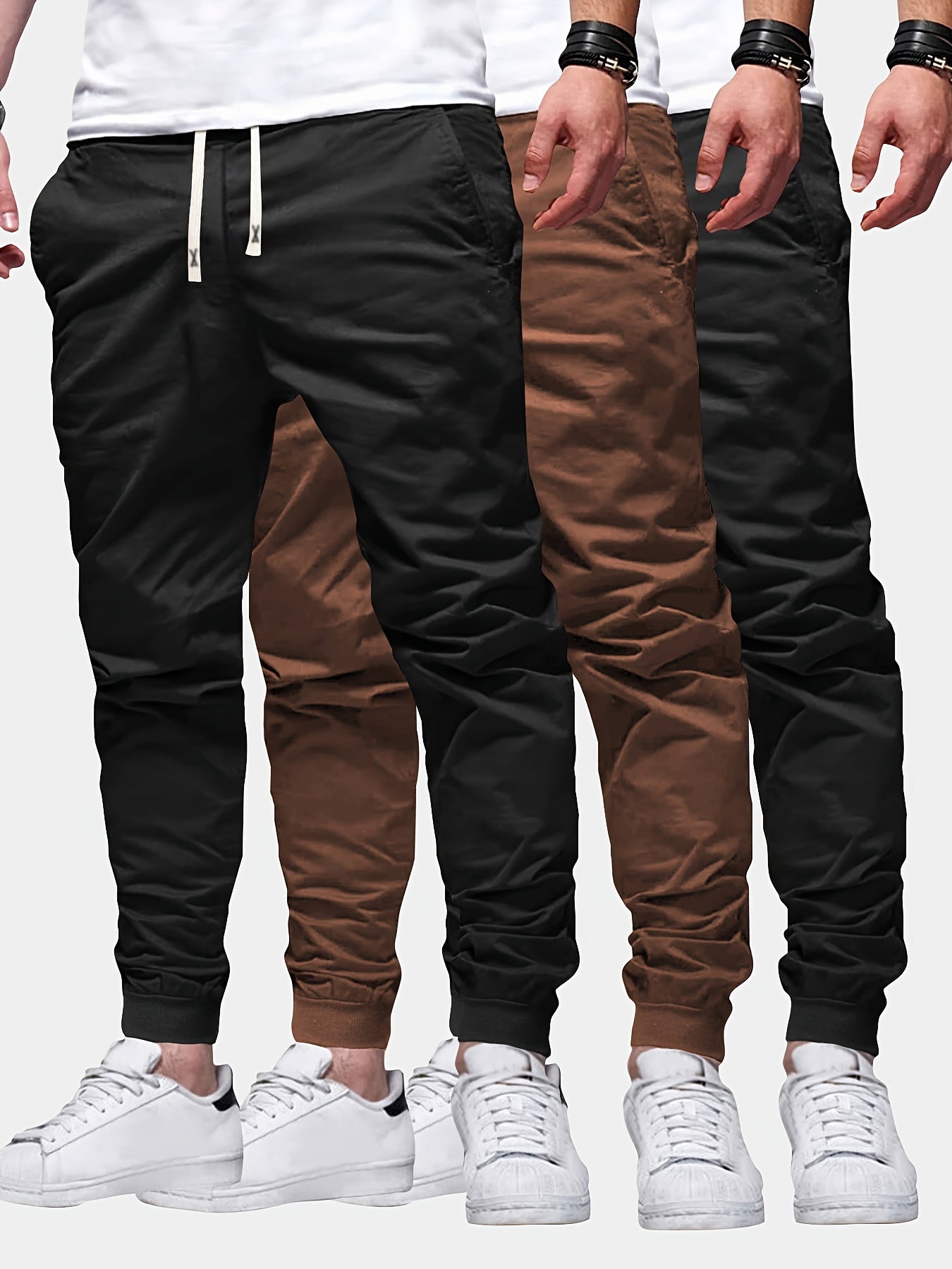 3pcs Solid Color Men's Regular Fit Jogger Sweatpants With Drawstring And Pockets, Chic And Trendy Trousers For Spring And Autumn Outdoors And Sports Wear