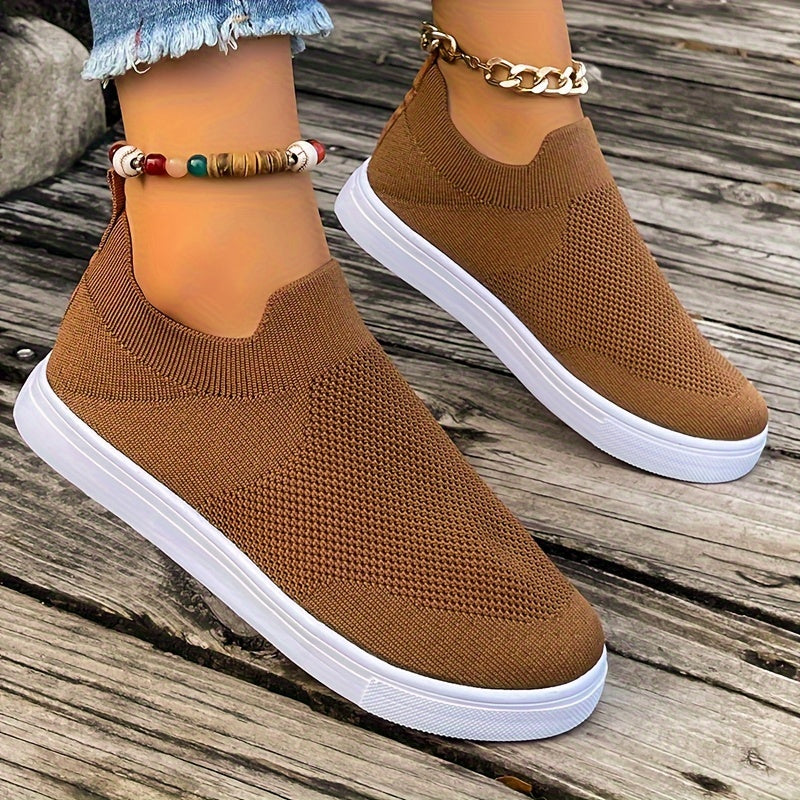 Women's Casual Slip-On Sneakers, Breathable Road Running Shoes, Comfortable Sporty Flat Loafers, Solid Color Fashion Trainers With Durable White Sole