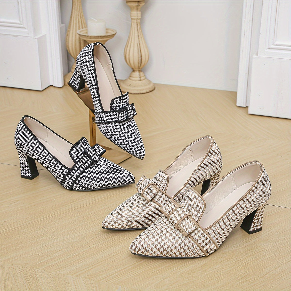 Women's Houndstooth Pattern Pumps, Bow Pointed Toe Block High Heels, All-Match Office Work Shoes