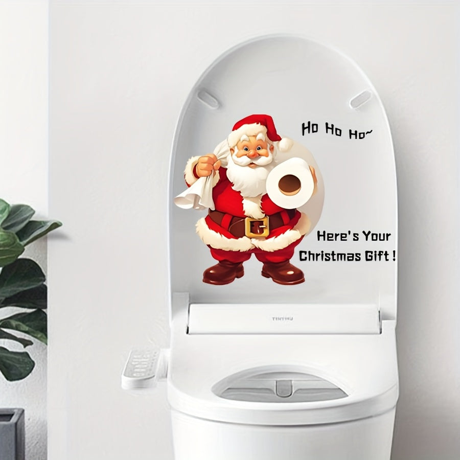 Santa Claus Christmas Toilet Lid Decal - Removable PVC Bathroom Sticker, Matte Finish, Reusable Holiday Wallpaper Decorative Toilet Bolt Covers Toilet Stickers Decals Removable