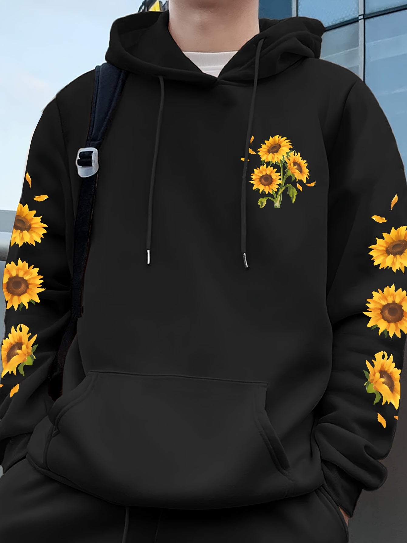 Sunflower Print Men's Pullover Round Neck Hoodies With Kangaroo Pocket Long Sleeve Hooded Sweatshirt Loose Casual Top For Autumn Winter Men's Clothing As Gifts