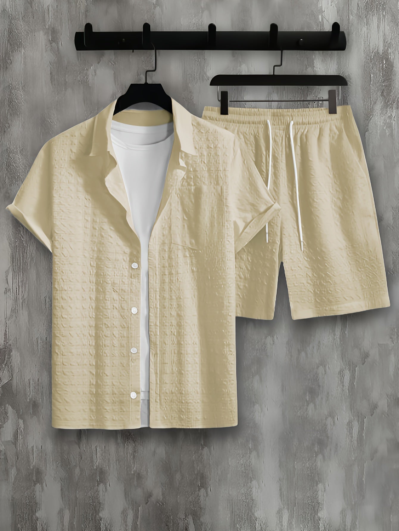 2-piece Casual Men's Summer Holiday Outfit Set, Men's Short Sleeve Button Down Shirt With Chest Pocket & Drawstring Shorts Set