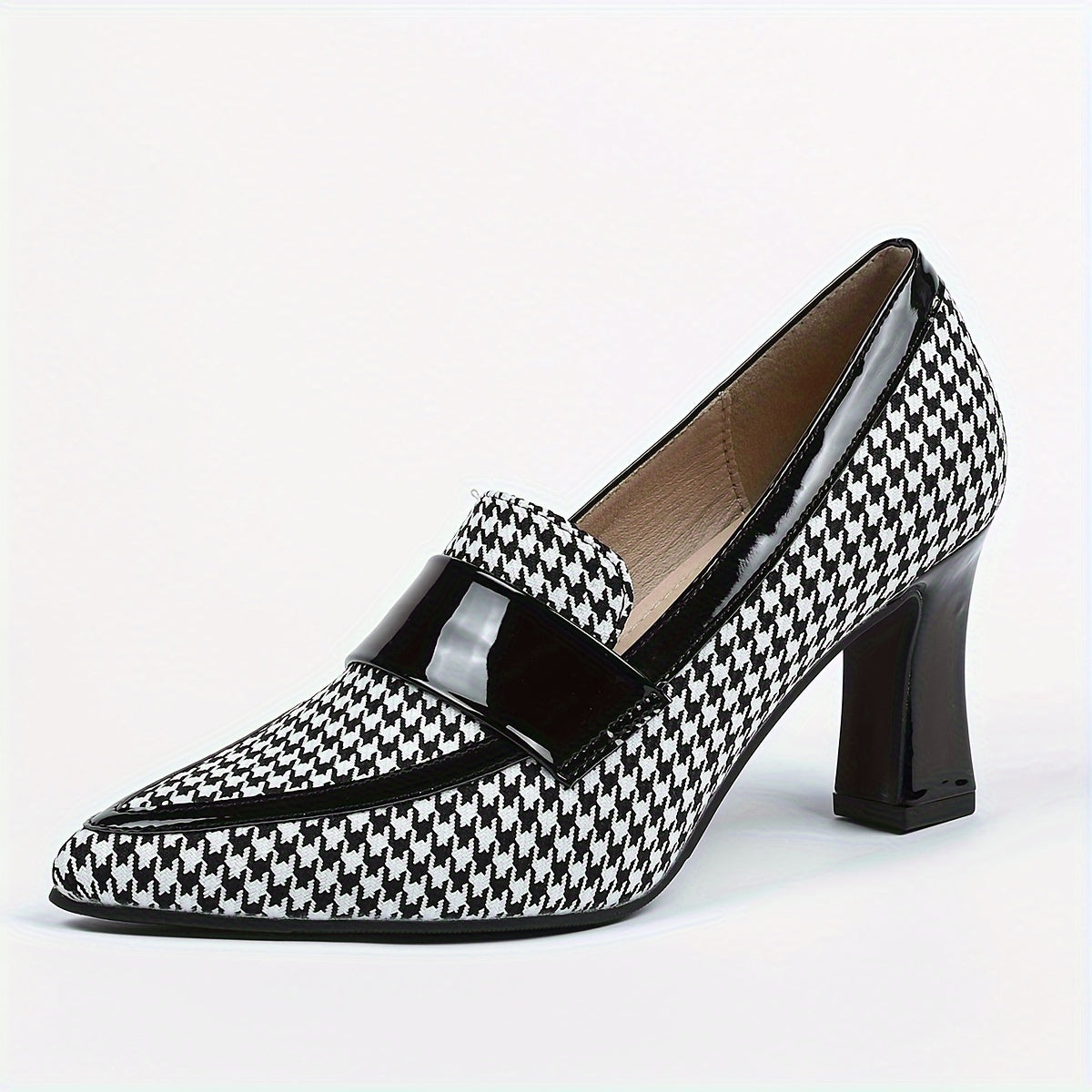 Women's Houndstooth Pattern Pumps, Fashion Pointed Toe Block Heels, All-Match Going Out Shoes