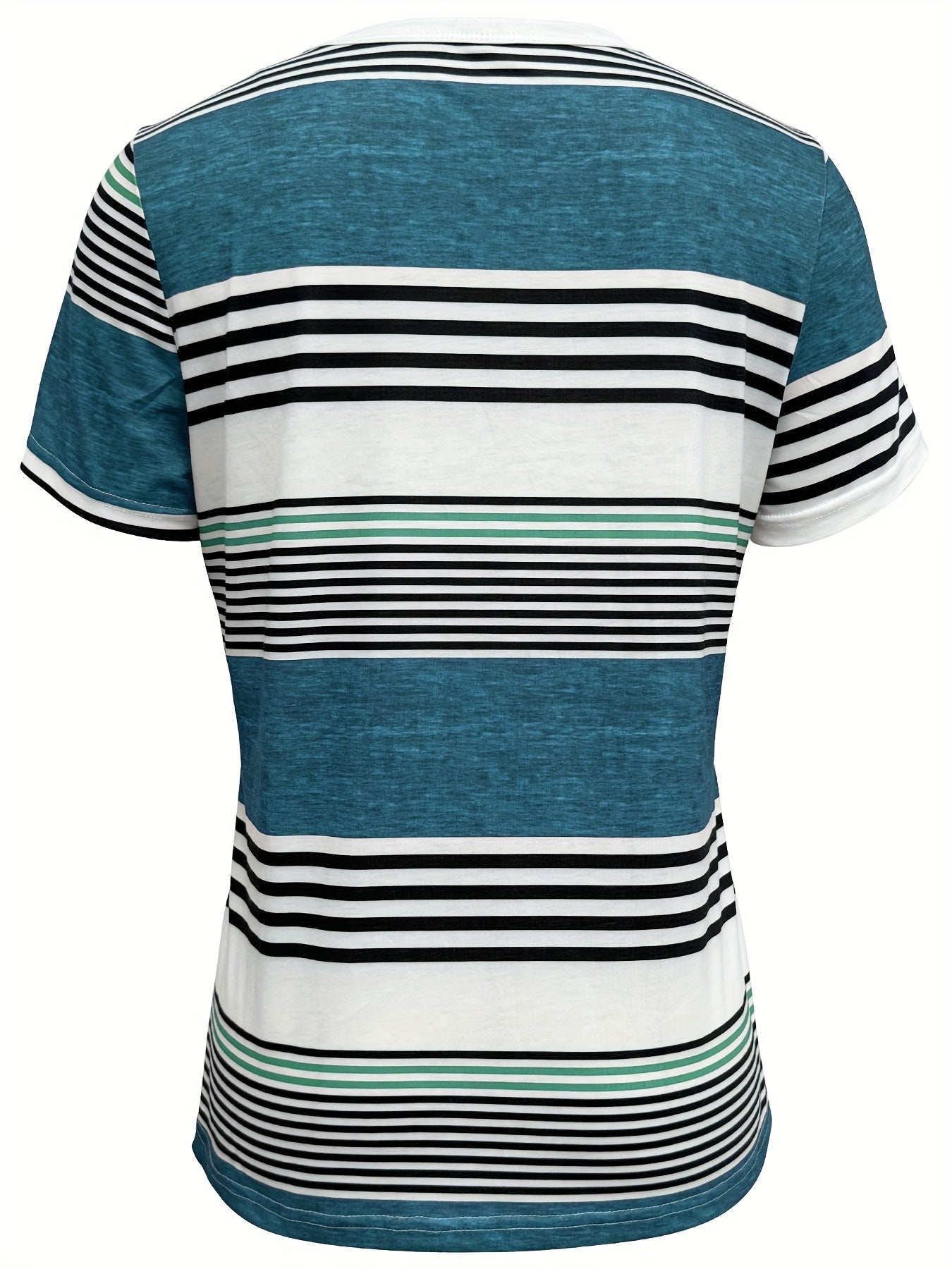 Striped Print Short Sleeve T-shirt, Casual Button Front Crew Neck Top For Spring & Summer, Women's Clothing