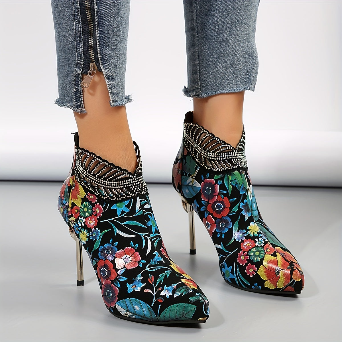 Women's Floral Pattern Platform Boots, Back Zipper Casual Stiletto Rhinestone Decor Shoes, Trendy Point Toe Boots