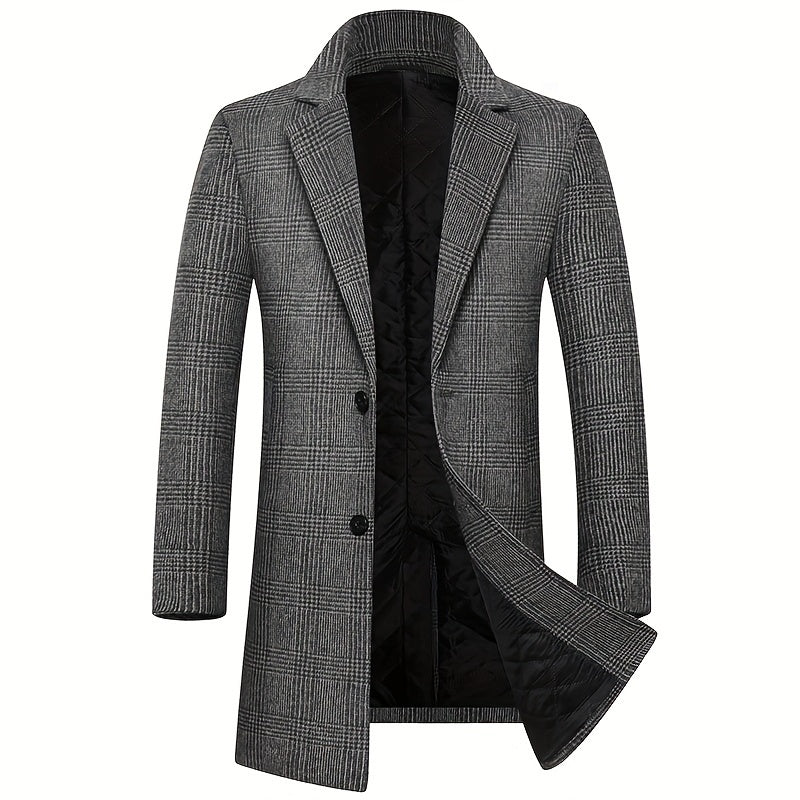 Men's Classic British-Style Wool Blend Overcoat - Thick, Casual & Business Plaid Jacket for Fall/Winter