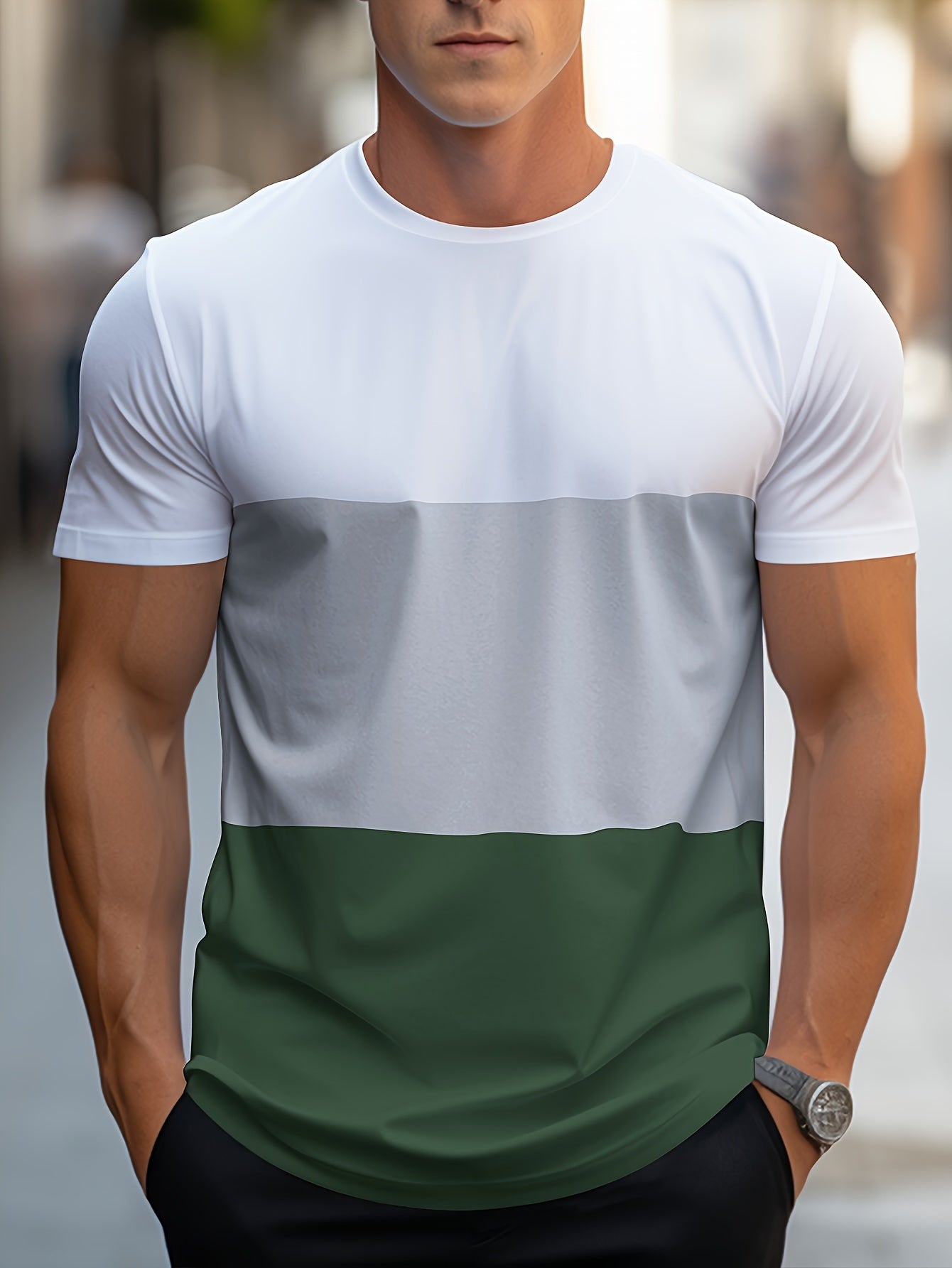 Men's Contrast Color Stripe Pattern Print T-shirt With Crew Neck And Short Sleeve, Casual And Comfy For Summer Leisurewear