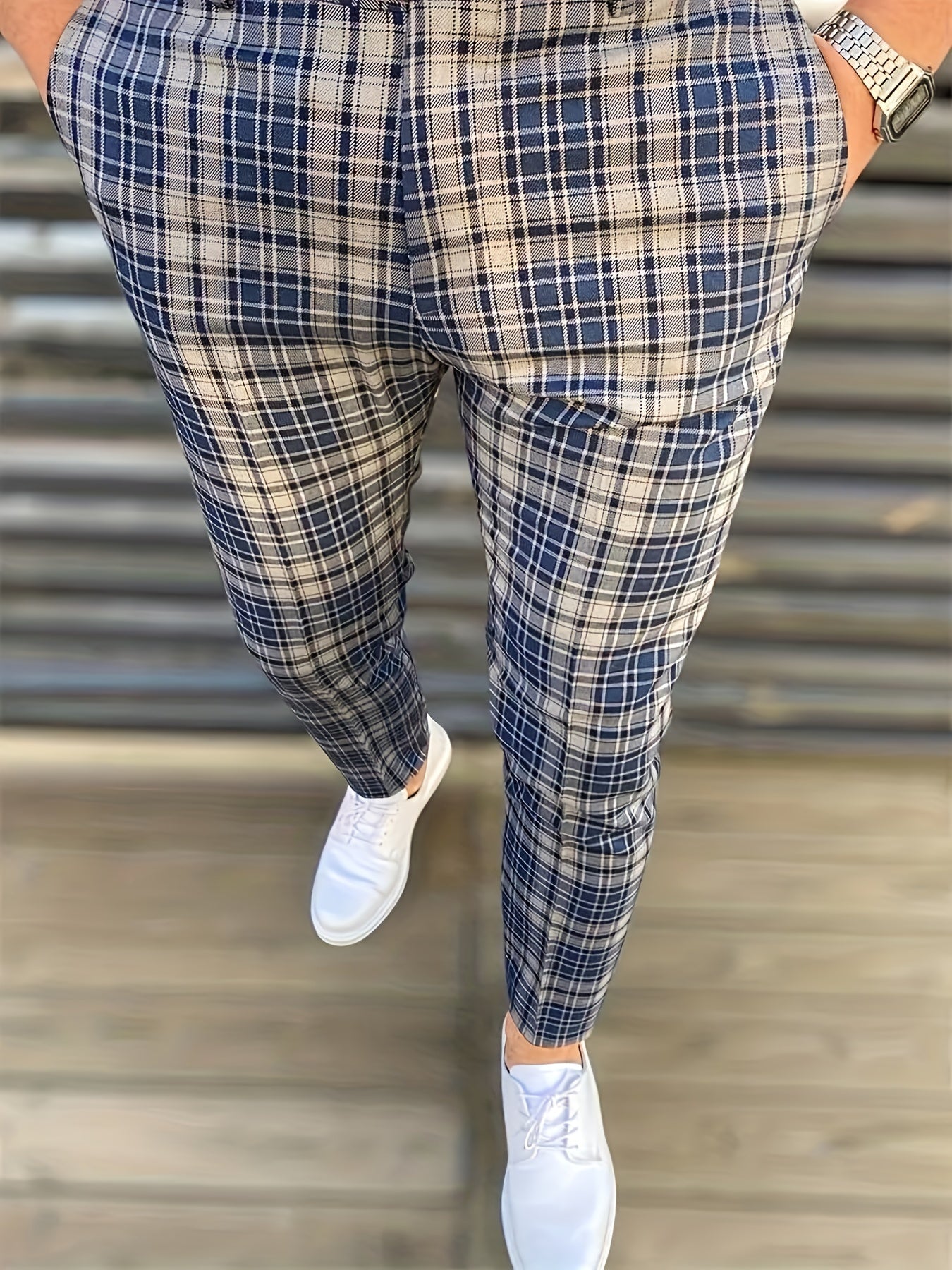 Men's Classic Fashion, Plaid Pattern Slim Fit & Cuffed Pants, Elegant Casual Trousers For Business, Formal Party & Daily Wear