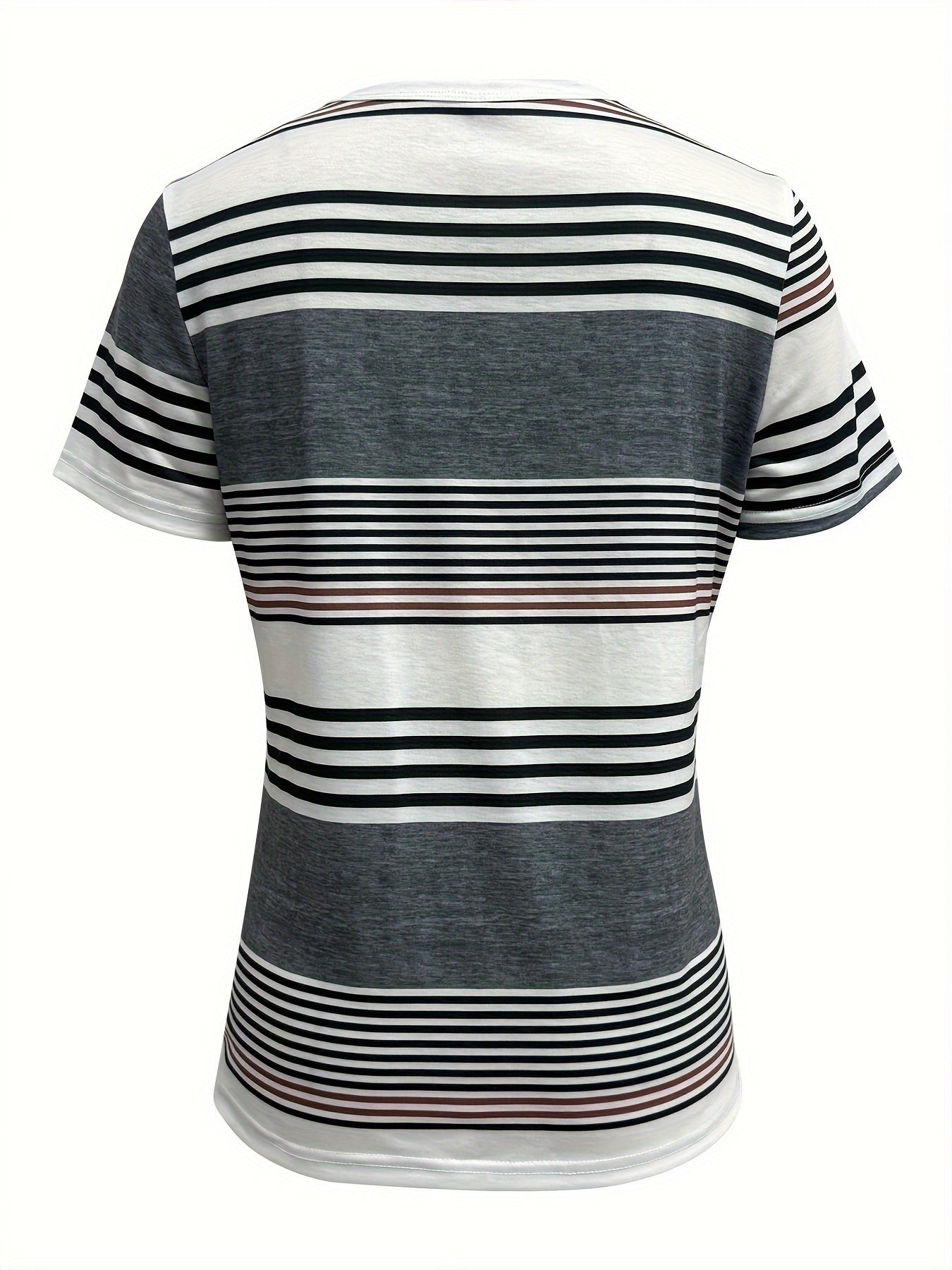 Striped Print Short Sleeve T-shirt, Casual Button Front Crew Neck Top For Spring & Summer, Women's Clothing