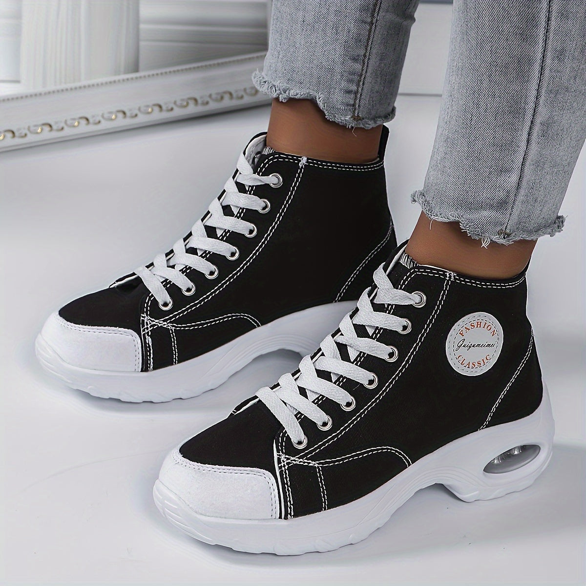 Women's High-Top Canvas Sneakers, Breathable Comfortable Chunky Shoes, Versatile Lace Up Platform Shoes