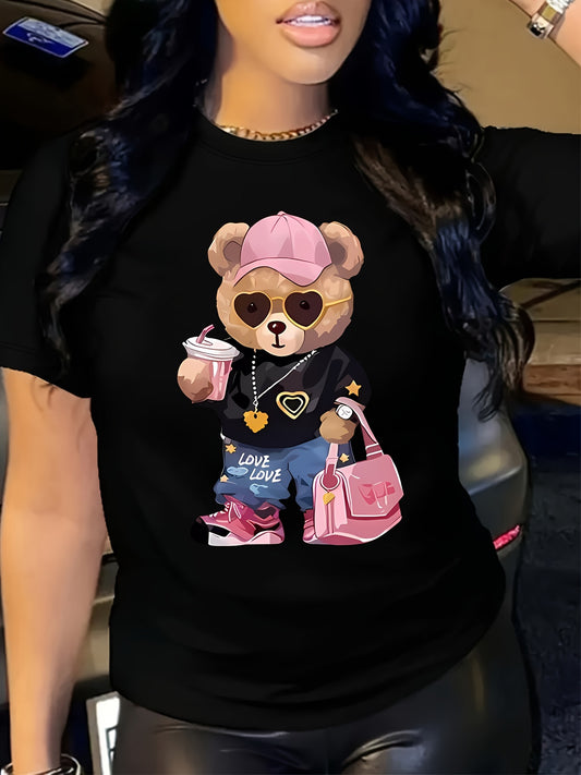 Teddy Bear Print T-shirt, Short Sleeve Crew Neck Casual Top For Summer & Spring, Women's Clothing