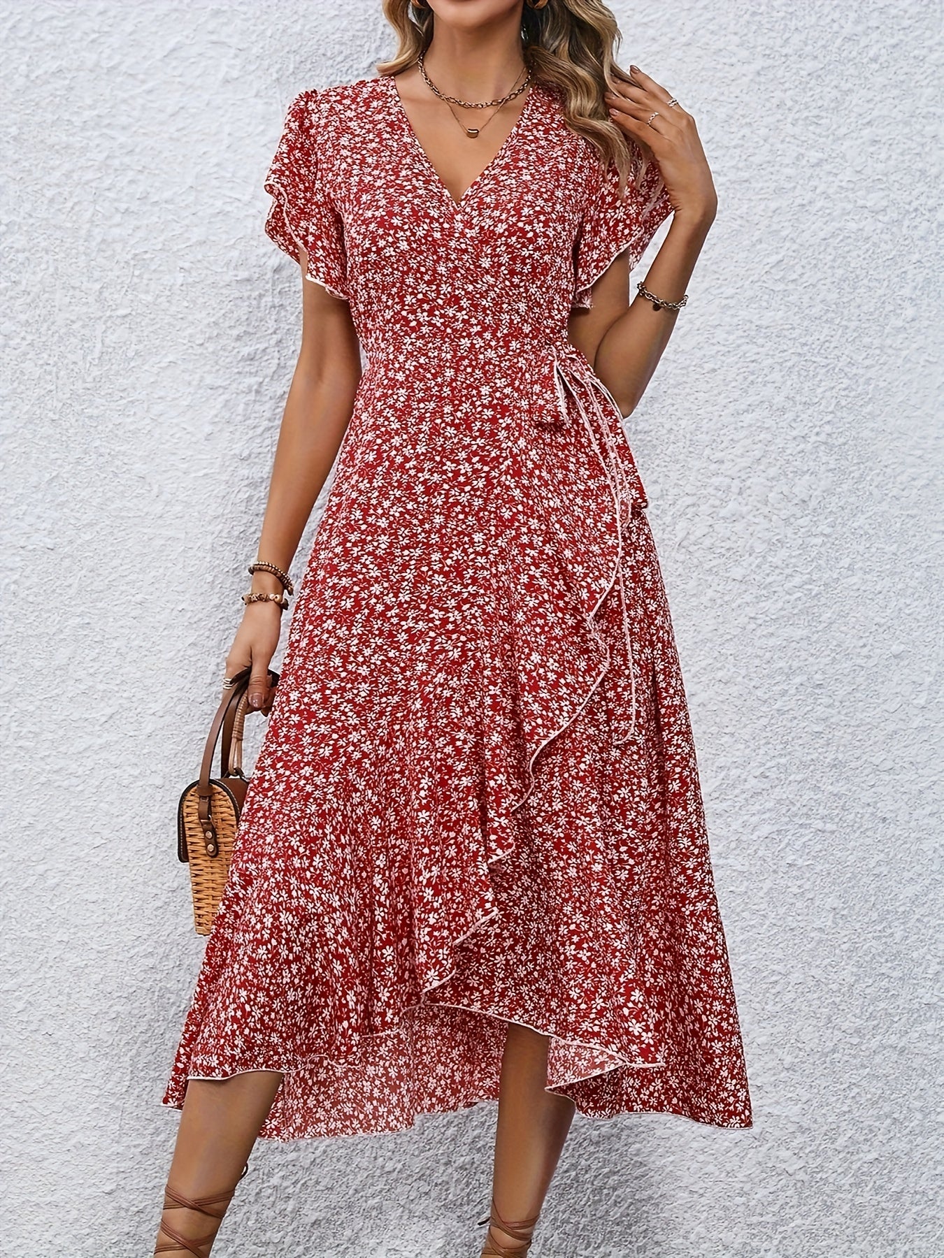 Floral Print Surplice Neck Tied Dress, Casual Flutter Sleeve Ruffle Hem Dress For Spring & Summer, Women's Clothing