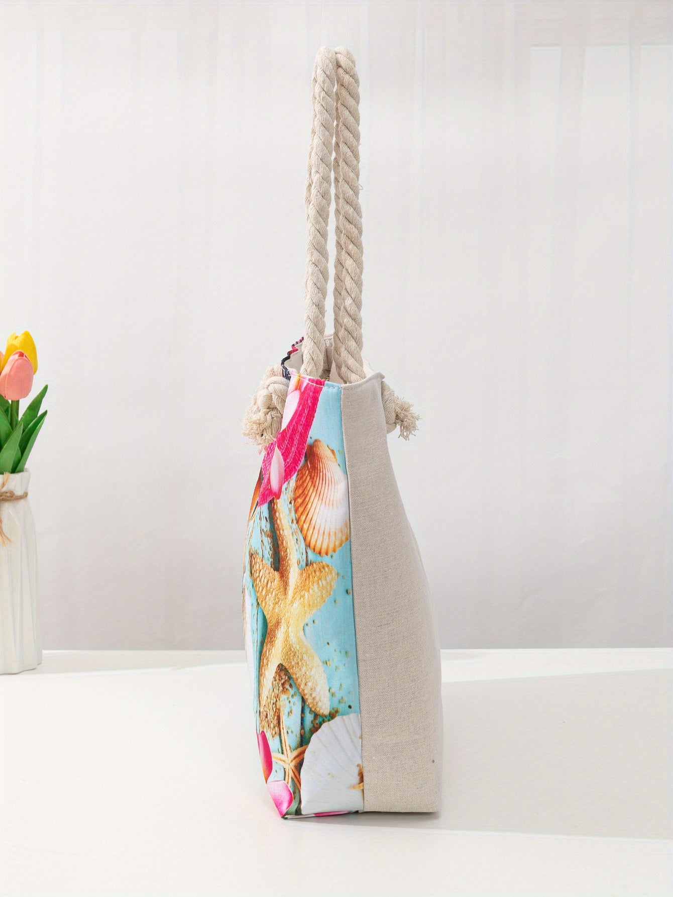 Beach-Ready: Stylish Oversized Canvas Shoulder Bag With Double Handle for Seaside Vacations