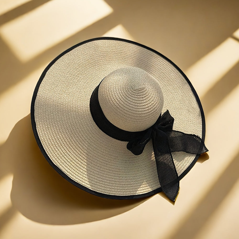 Women's Lafite Grass Woven Straw Hat with Black Bow - Summer Sun Protection Wide Brim Beach Cap, Foldable, Non-Stretch, Featherless Craftsmanship