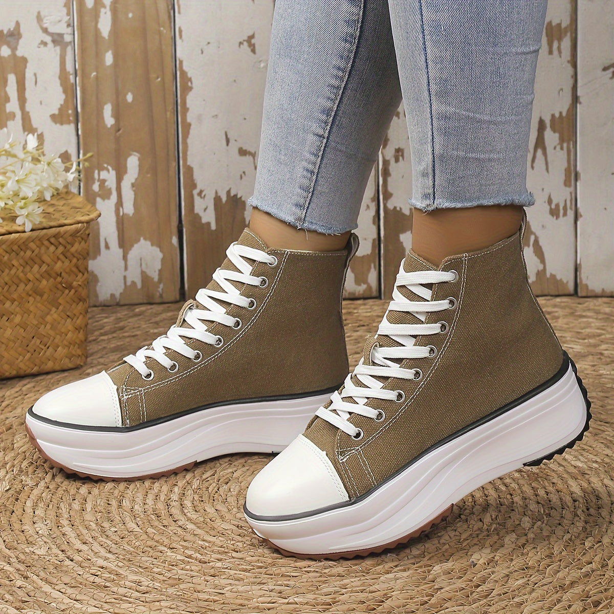 Women's Solid Color Casual Sneakers, Lace Up Soft Sole Platform Skate Shoes, Versatile High-top Canvas Shoes