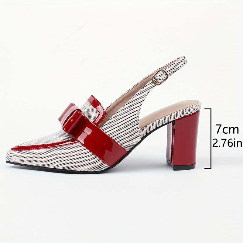 Women's Colorblock Gentle Sandals, Bowknot Decor Ankle Buckle Strap Chunky Heels, Point Toe Party Dress Shoes