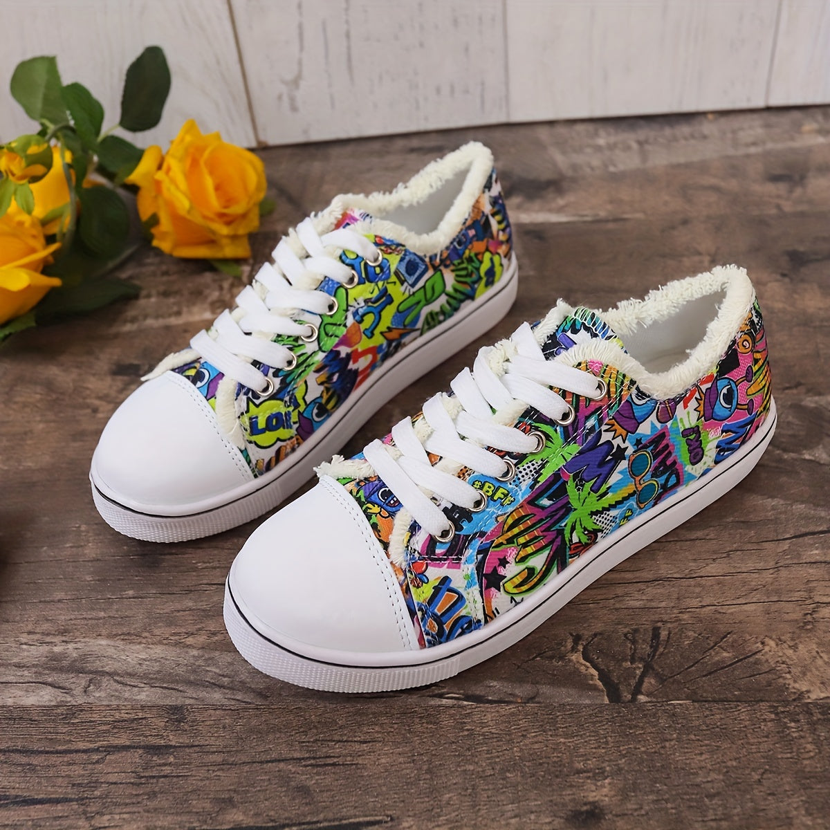 Women's Graffiti Printed Canvas Sneakers, Trendy Low Top Lace Up Flat Shoes, Casual Walking Shoes