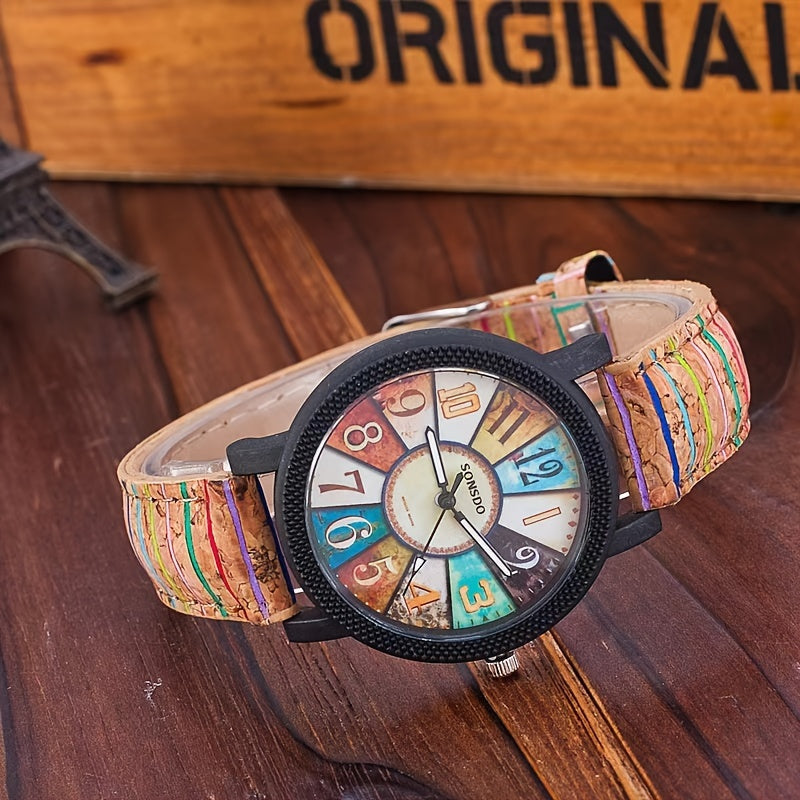 Women's Watch Retro Wood Grain Quartz Watch Color Block Fashion Analog PU Leather Wrist Watch