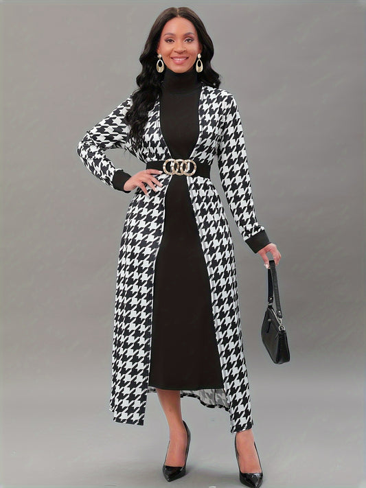 Elegant Two-piece Set, Solid Midi Dress & Houndstooth Print Open Front Cardigan Outfits, Women's Clothing