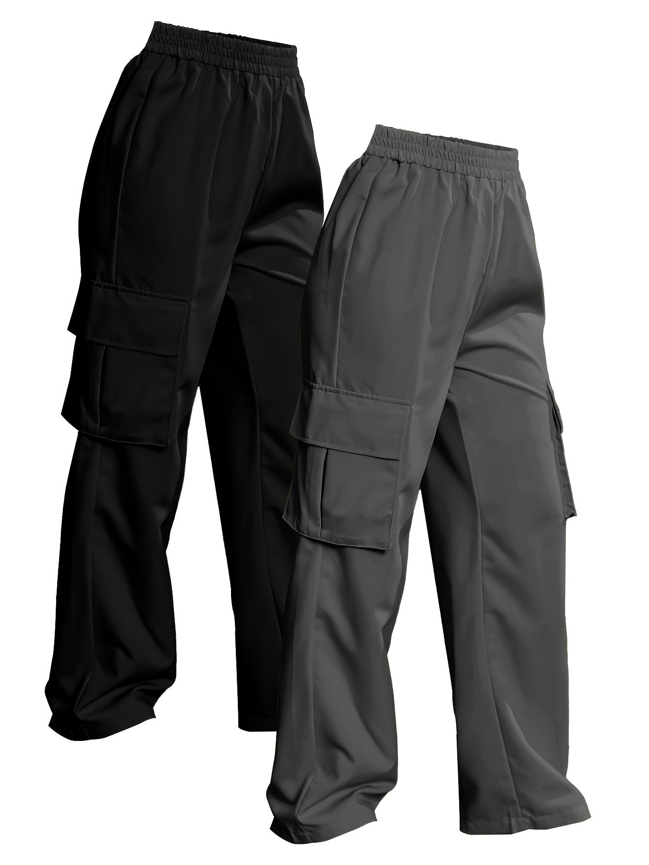 Solid Color Cargo Pants 2 Packs, Casual Elastic Waist Wide Leg Flap Pockets Pants, Women's Clothing