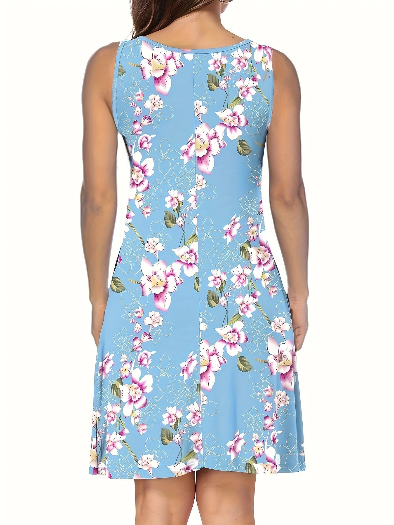 Floral Print Crew Neck Tank Dress, YOUNG Sleeveless Dress For Spring & Summer, Women's Clothing