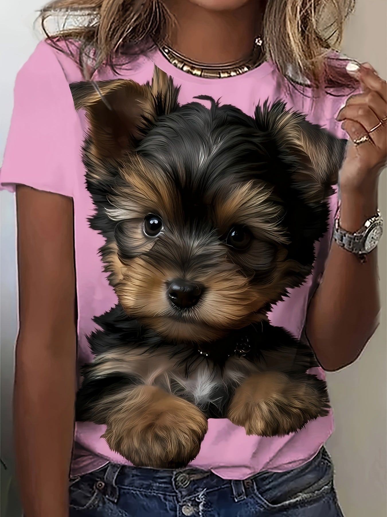 Cute Puppy Print T-Shirt, Casual Crew Neck Short Sleeve Top For Spring & Summer, Women's Clothing