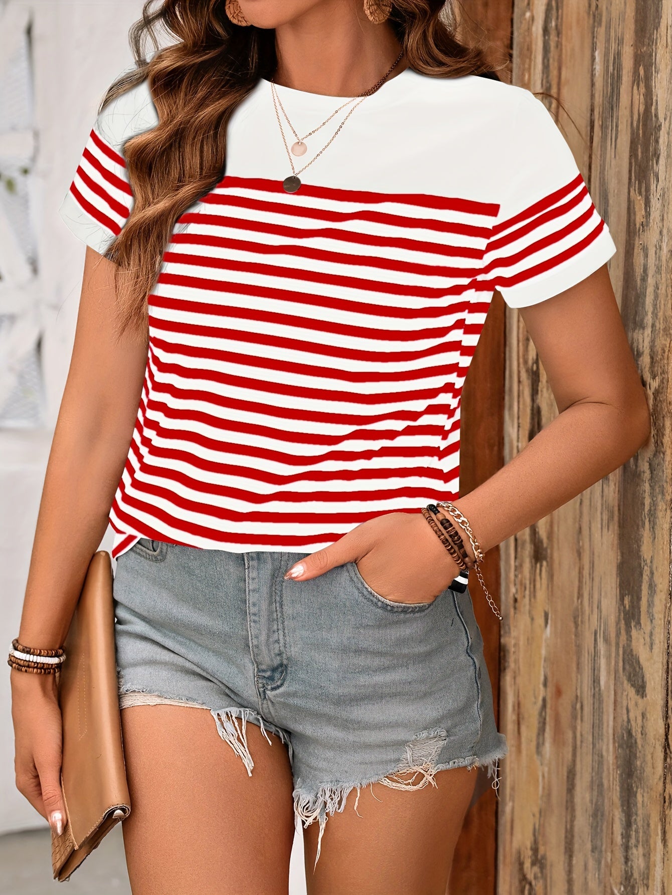 Striped Print Color Block T-Shirt, Casual Short Sleeve T-Shirt For Spring & Summer, Women's Clothing