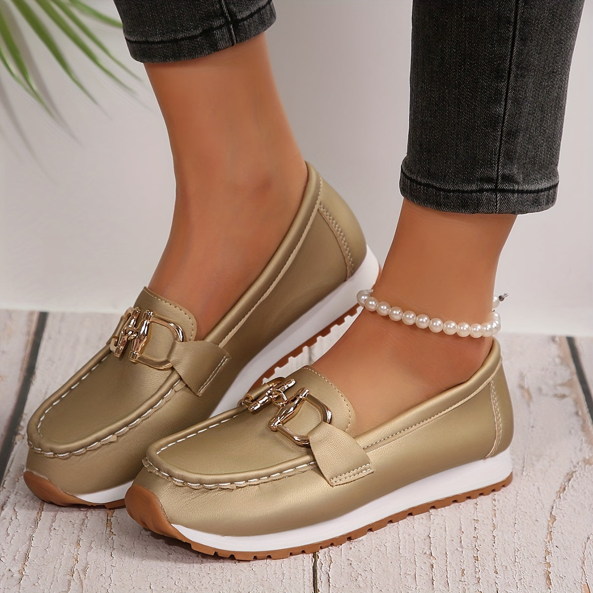 Women's Metallic Buckle Decor Flat Shoes, All-Match Round Toe Slip On Shoes, Comfy Soft Sole Walking Shoes