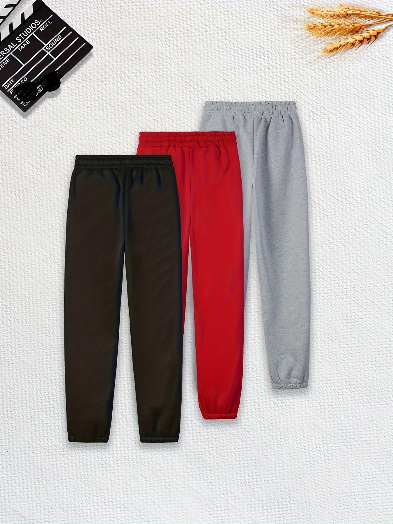 Three Pieces Of Solid Color Jogging Pants, Solid Color, Drawstring Waist, Casual Pants, Women's Trousers