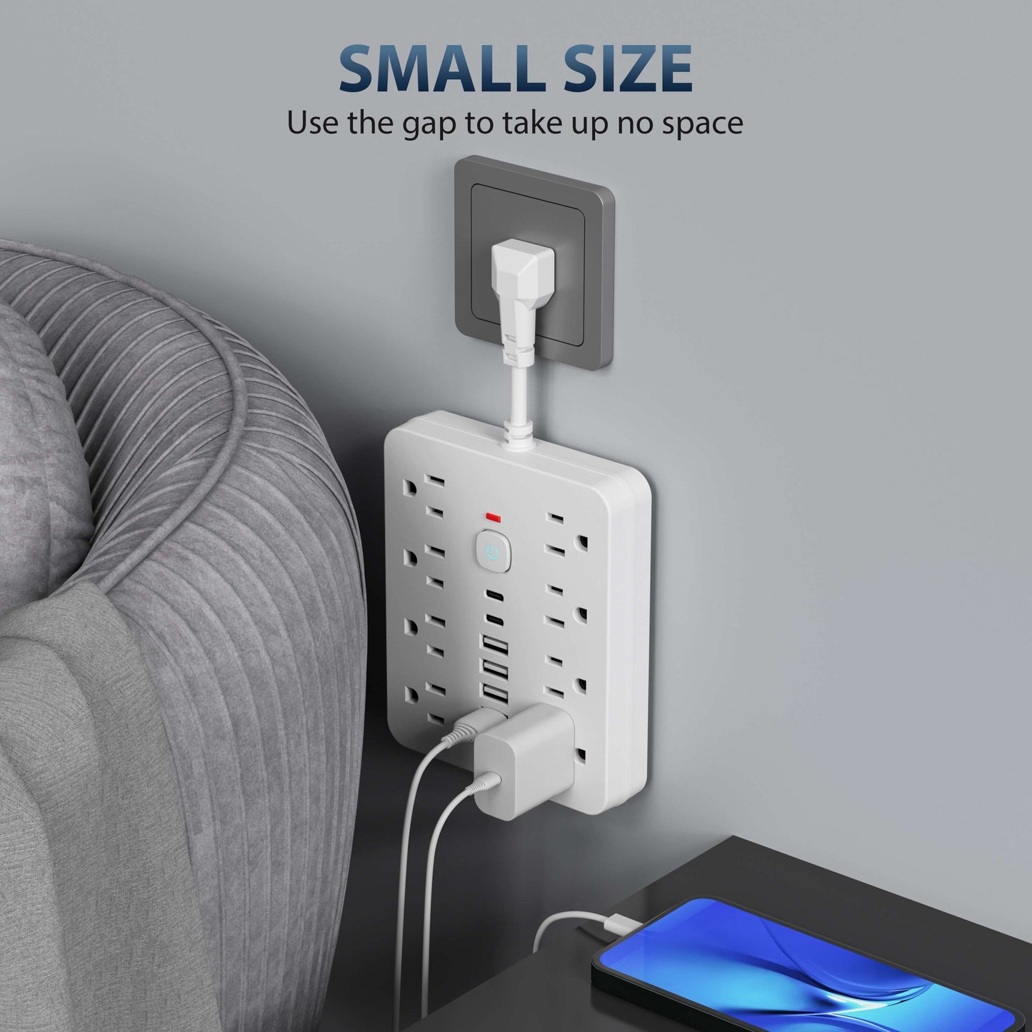 1pc Multi-functional Power Strip With Switch And Surge Protection. Equipped With 8 Power Outlets, 4 USB And 2 TYPE-C. 14-in-1 Power Outlet For Office, Home And Travel. In Black And White.