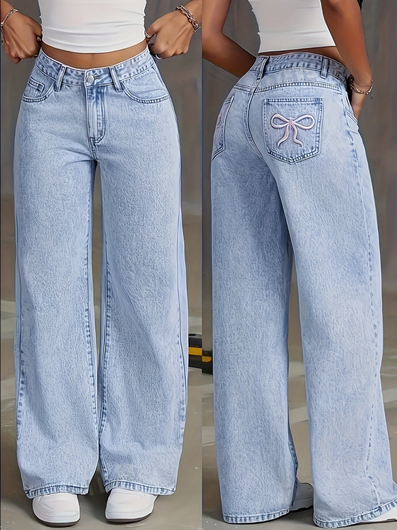 Stylish Embroidered Wide Leg Jeans - Unique Bow Accent, Comfortable High-Waisted Design, Soft Stretchy Fabric, Flattering Fit, Perfect For Casual Occasions - Women's Fashionable Denim Pants