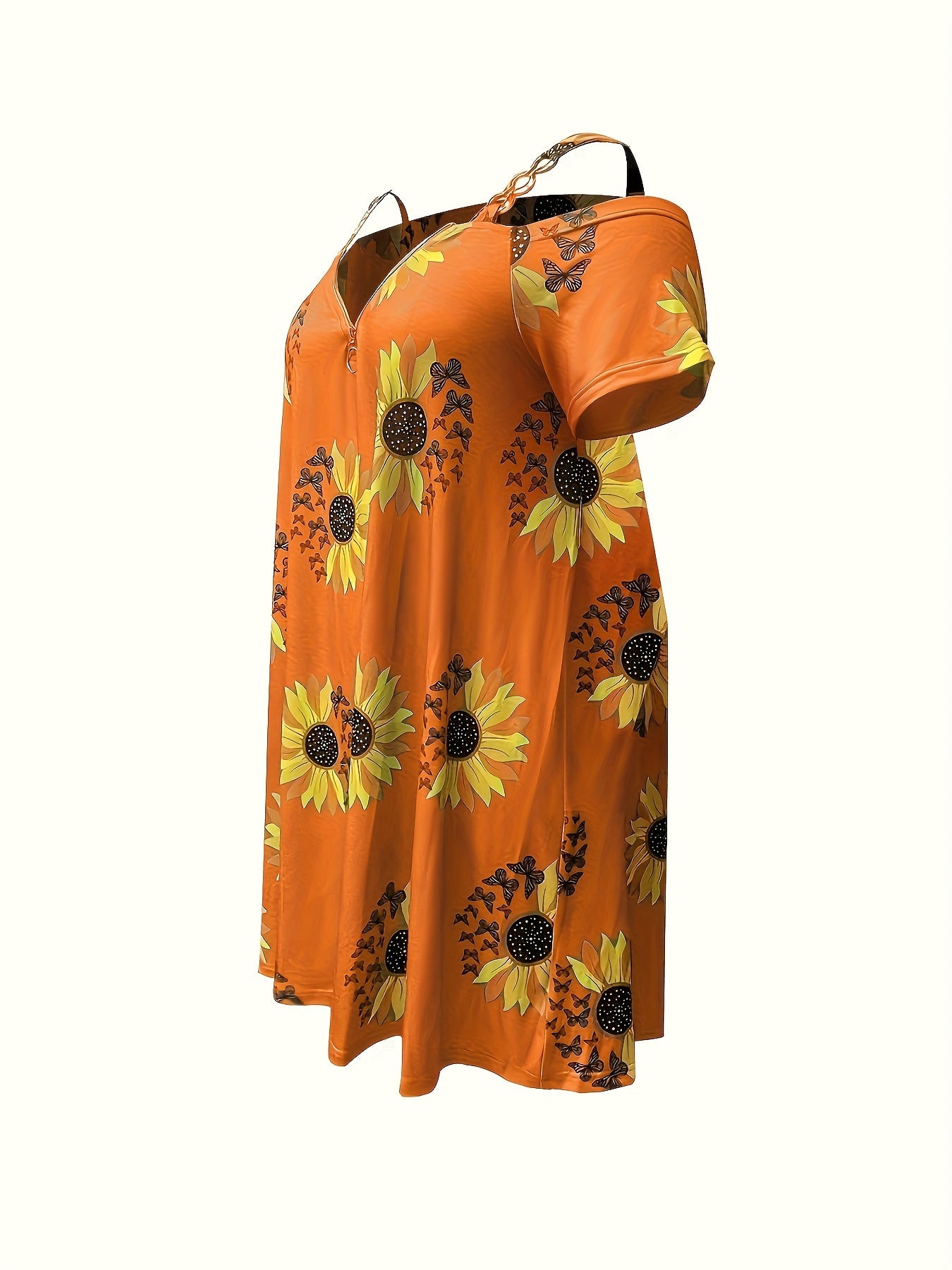 Plus Size Sunflower Print Cold Shoulder Dress, Casual Zipper Short Sleeve Dress For Spring & Summer, Women's Plus Size Clothing