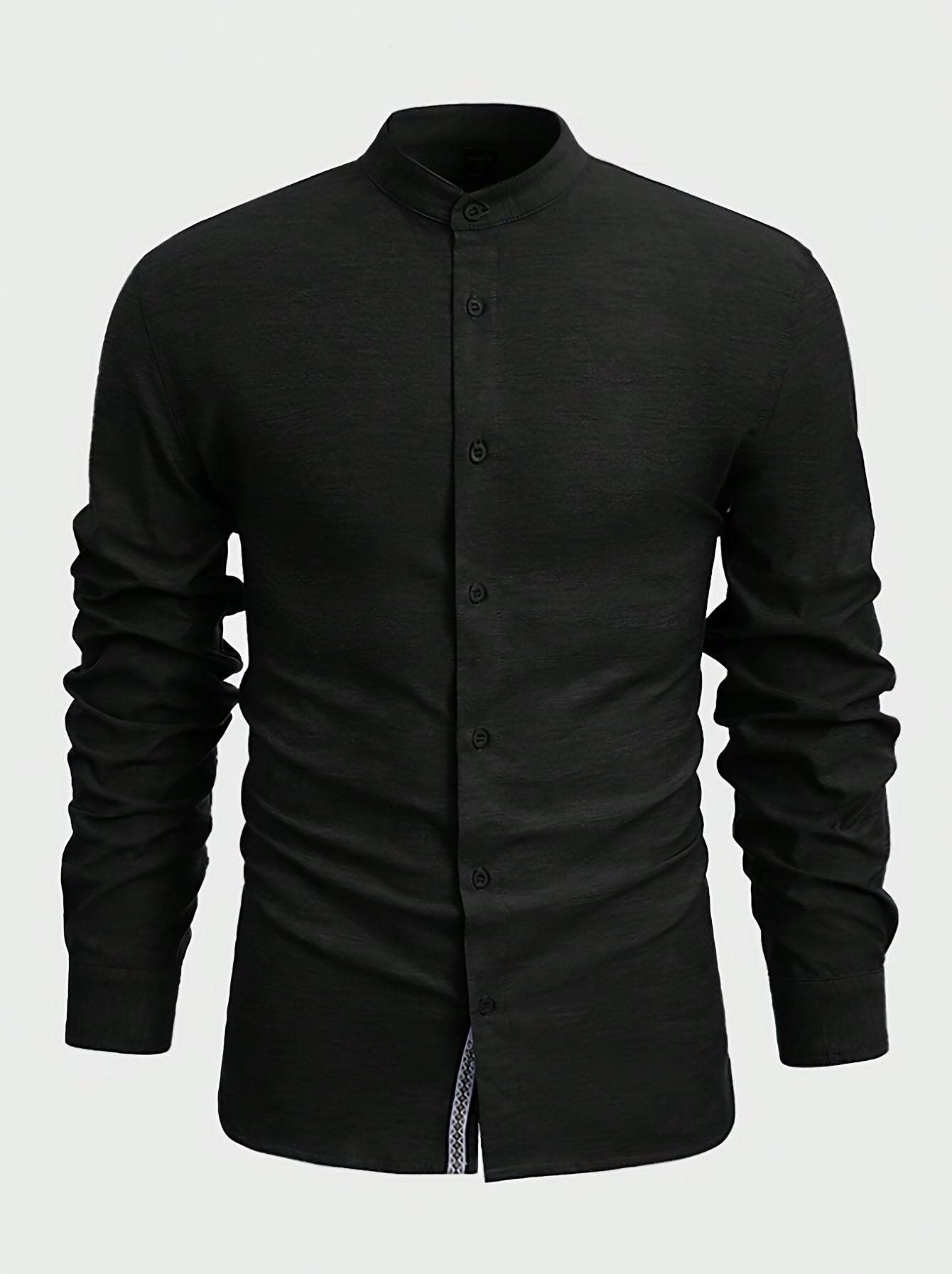 Men's Solid Color Cotton Blend Long Sleeve Lapel Stand Collar For Spring And Fall, Casual Comfy Trendy Shirt As Gift