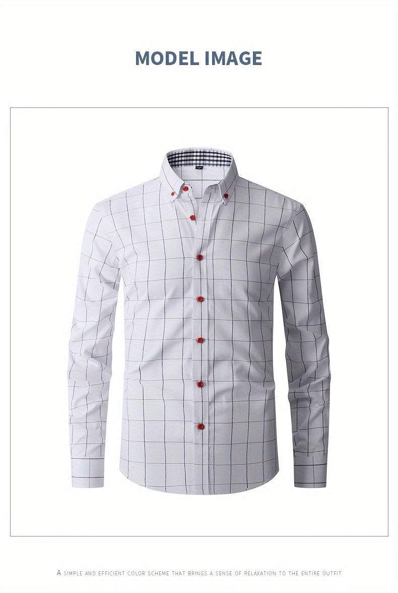 Men's Plaid Design Dress Shirts, Long Sleeve Casual Button Down Shirt For Formal Occasions